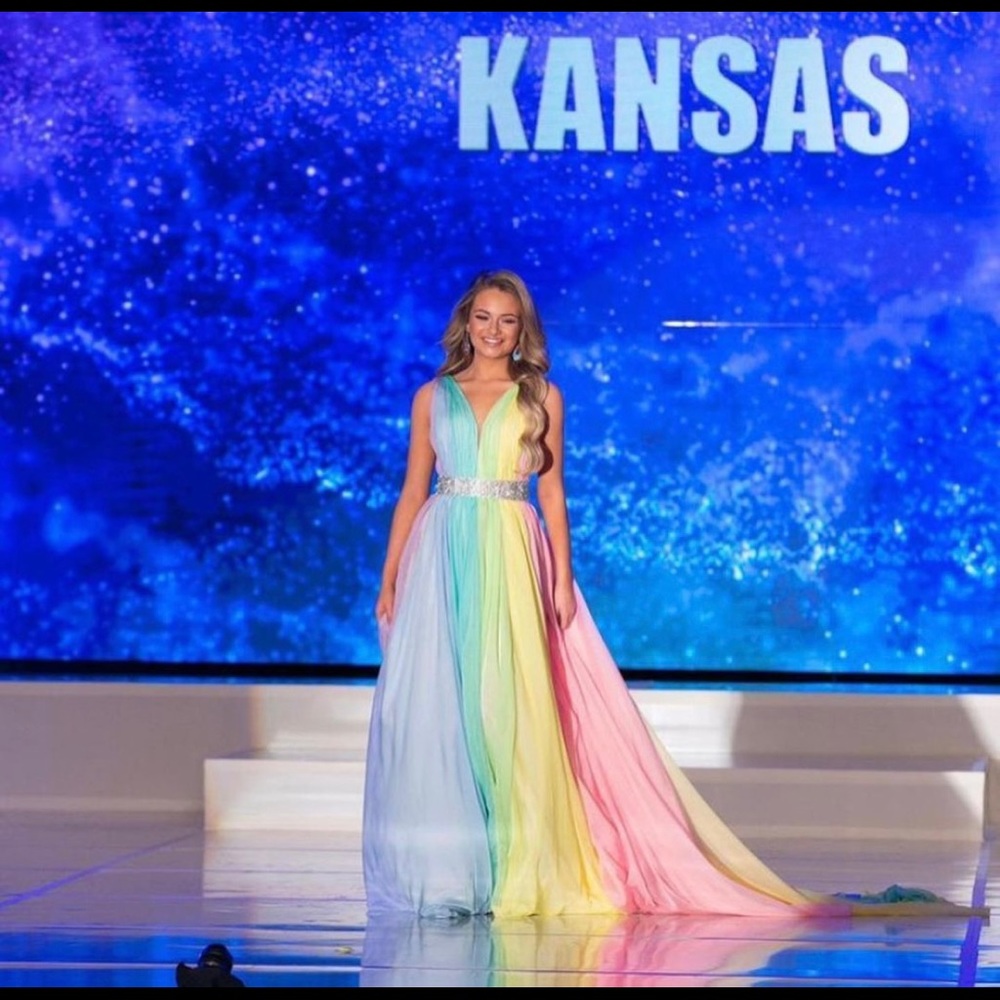 Ashley Lauren couture rainbow gown.